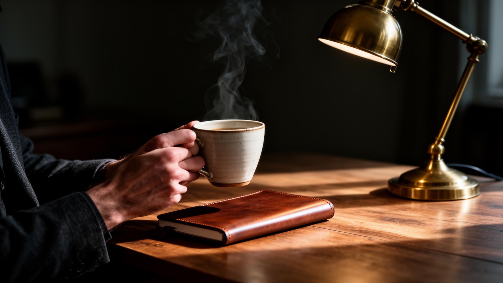 A hand holding a coffee cup beside a leather journal in morning light
